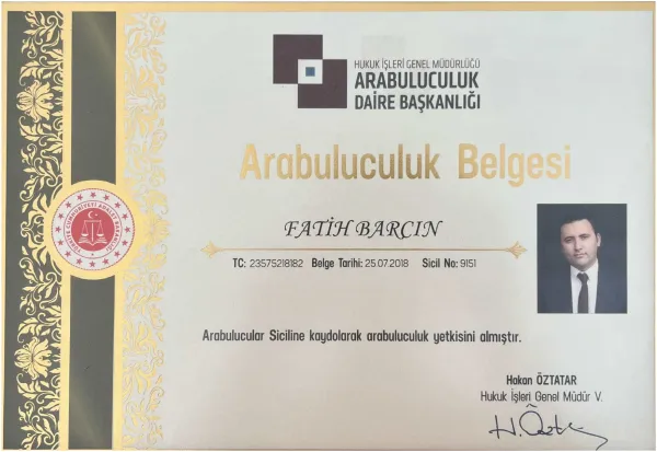 Mediation certificate of Fatih Barcin issued by the Mediation Department of the Turkish Ministry of Justice