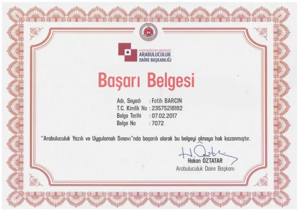 Certificate of successful completion of the written and practical mediation exam by Fatih Barcin in Turkey