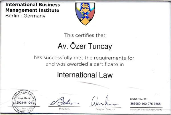 International law certificate of Özer Tuncay from the International Business Management Institute Berlin